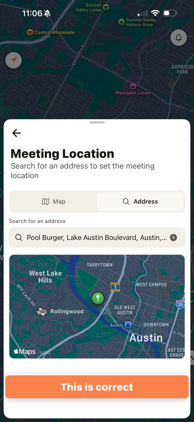 Twila app screen for setting your meeting location
