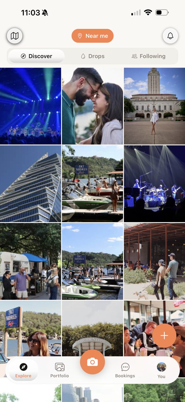 Twila app showing a feed of photos from nearby photographers