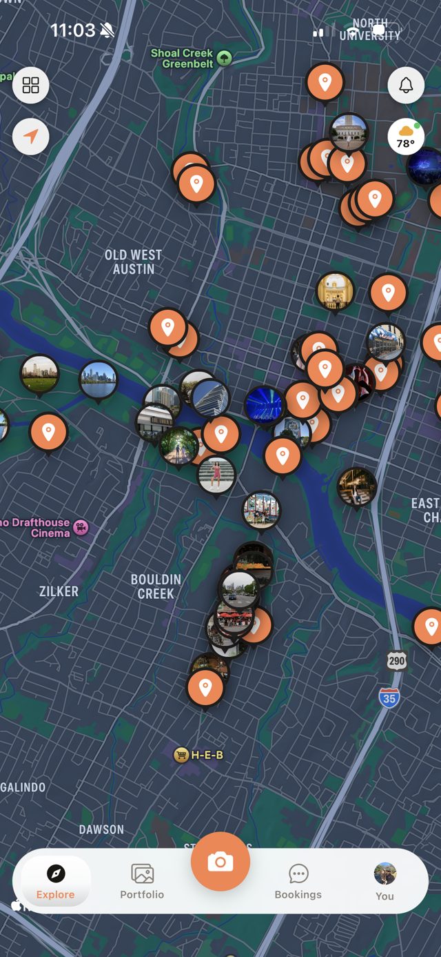 Twila app map showing photo locations around the city