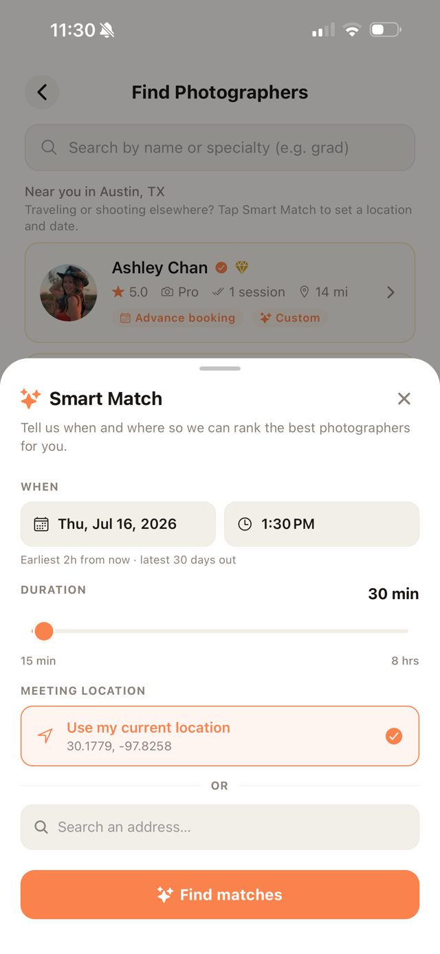 Twila app Smart Match screen to find photographers by time and place