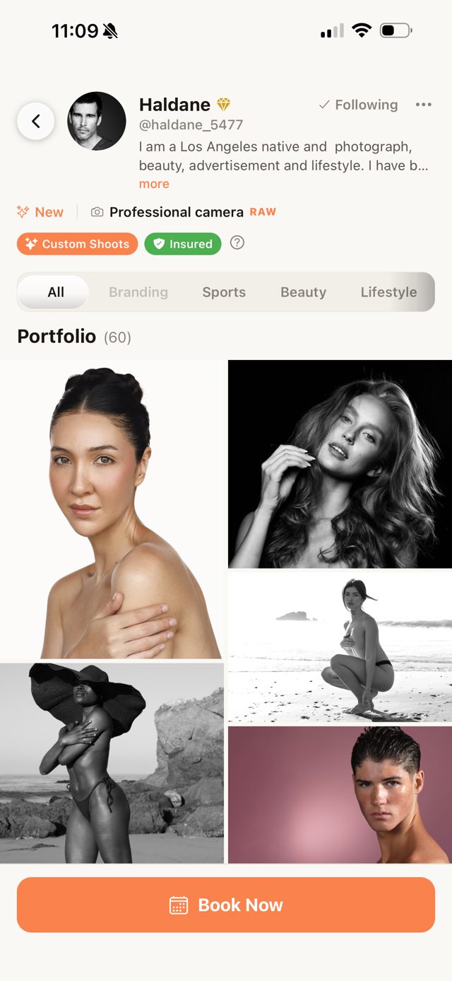 Twila app photographer profile with portfolio and Book Now button